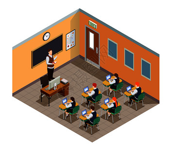 高中等距人物作文与学生教师的形象课堂环境与家具矢量插图教室等距成图片