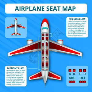 乘客飞机座位图,真实的顶部视图,布局蓝色背景海报,航空公司信息矢量插图飞机座位图片
