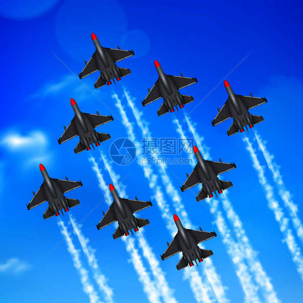陆空阅兵式喷气式飞机编队凝结轨迹抗蓝天现实海报矢量插图用飞机凝结痕迹插画图片下载 正版图片 摄图网