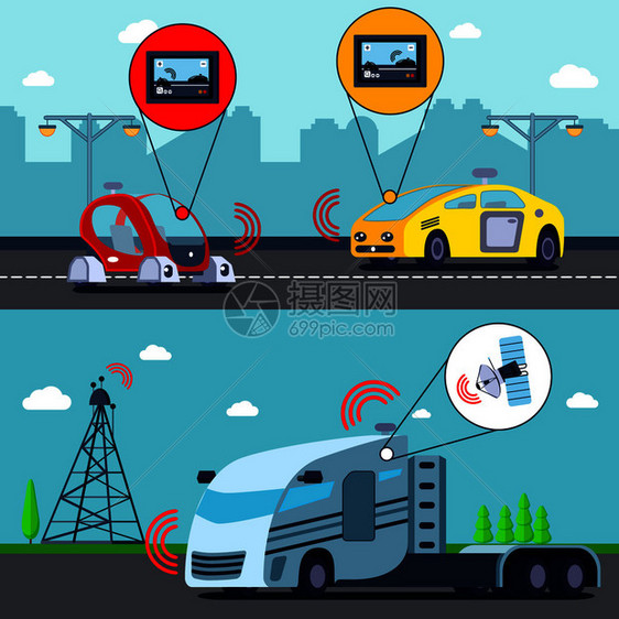 自动无人驾驶车辆道路2平水平横幅与GPS控制的卡车汽车矢量插图自动无人驾驶汽车横幅图片