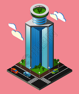 三维等距未来主义摩天大楼与城市的部分与道路高楼粉红色背景矢量插图三维等距未来主义摩天大楼背景图片