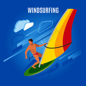 冲浪等距背景与男人物的冲浪板与帆云图矢量插图风冲浪等距背景图片