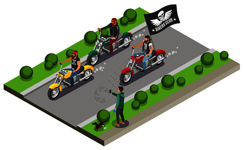 自行车运动员等距成与街道高速公路三辆摩托车与流旗的帮派矢量插图摩托车越野摩托车等距成图片