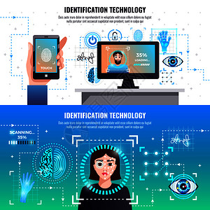 识别技术2信息元素水平横幅与人脸指纹签名识别计算机访问控制矢量插图识别技术横幅图片