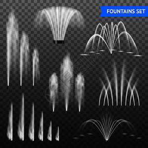 装饰室外水喷泉喷射装置7种同形状的大小范围,透明背景矢量插图现实喷泉透明套装图片