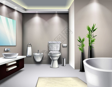 豪华浴室室内现代写实构图为商业杂志目录网站页矢量插图豪华浴室室内写实图片