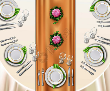 餐桌背景与顶部的桌子覆盖节日桌布装饰花卉现实矢量插图餐桌摆好了图片
