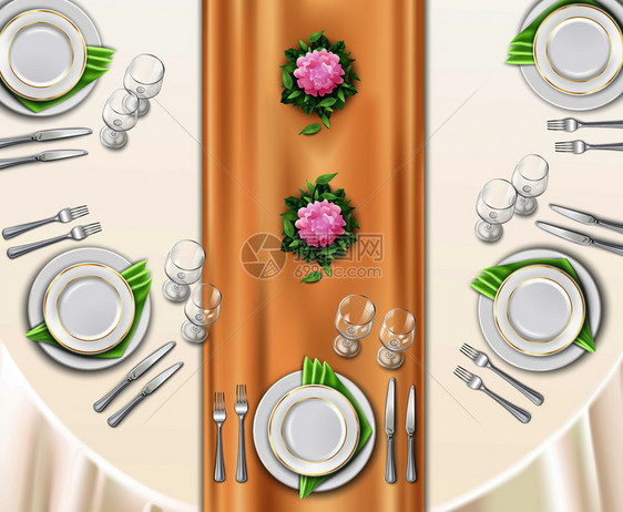餐桌背景与顶部的桌子覆盖节日桌布装饰花卉现实矢量插图餐桌摆好了图片