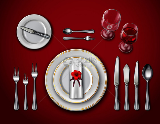 红色背景下,用空盘子眼镜餐具逼真的矢量插图,为仪式晚餐餐桌位置的顶部视图桌子的位置红色图片