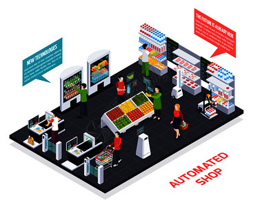 电子市场自动商店等距成,虚拟现实的商品信息,机器人设备,智能货架,安全系统矢量插图自动车间等距成插画