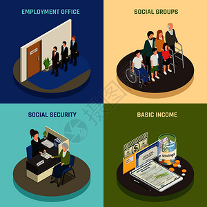 社会保障等距理念,就业办公室,支持各种人口群体,基本收入,孤立向量插图社会保障等距图片