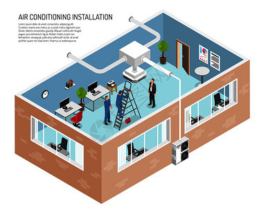 空调服务办公室插图与可编辑的文本,并切断建筑视图与人矢量插图办公室空调系统说明图片
