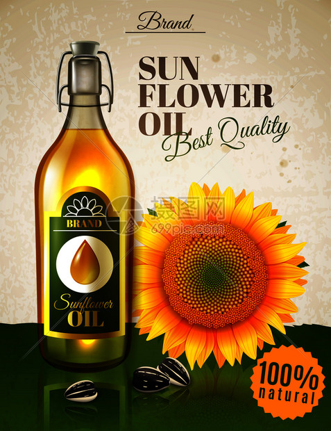 逼真的向日葵油,天然产品璃瓶与标签,花卉种子广告海报矢量插图逼真的向日葵油广告海报图片