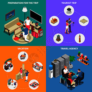 旅行社2x2集准备旅行类型的度假旅游等距图标矢量插图旅行社2x2理念图片