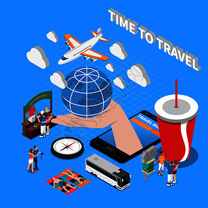 时间旅行构图与平罗盘纪念品商店地球上的人手掌等距图标矢量插图旅行等距成分的时间图片