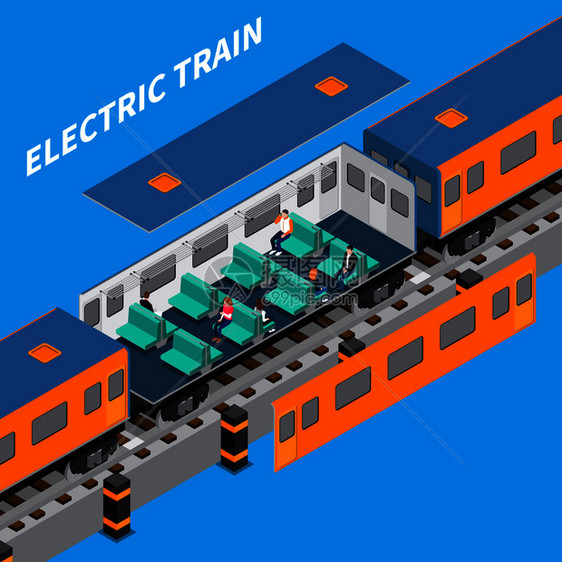 电动列车构造器等距成的车厢内部与坐客矢量插图电动列车等距成图片