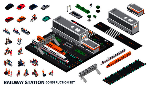 火车站等距构造函数集的现代速度列车,铁路轨道,客运,私人运输孤立元素矢量图火车站等距构造器图片