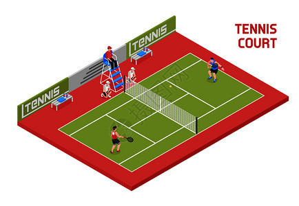 运动场网球场等距成与2名球员球男孩裁判高椅子矢量插图体育网球场等距图片