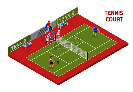 运动场网球场等距成与2名球员球男孩裁判高椅子矢量插图体育网球场等距图片
