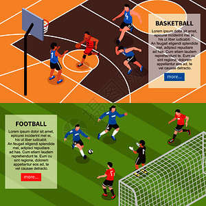 篮球场足球场2水平等距网站横幅与体育描述孤立矢量插图运动场游戏等距横幅图片