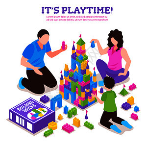 玩具建设者彩色等距广告海报与家长儿童建筑城堡塑料砖矢量插图玩具构造器等距海报图片