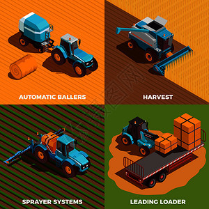 农业机器等距图标与打包机喷雾器隔离矢量插图农业机器等距图标集图片