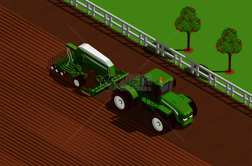 农业机器等距背景与犁土壤符号矢量插图农业机器等距背景图片