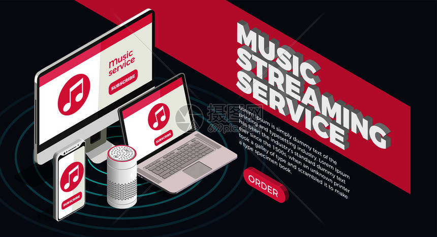 音乐行业等距海报与流媒体服务符号矢量插图音乐行业海报图片