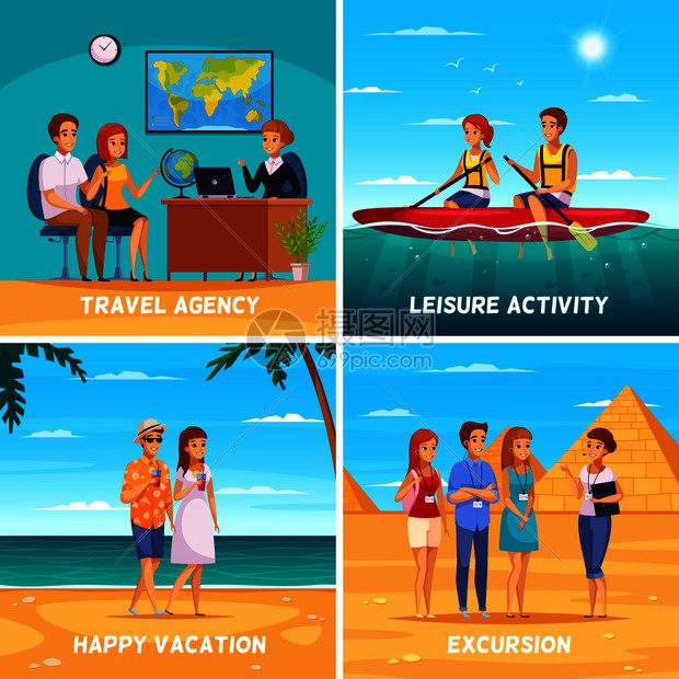 旅行社2x2理念与轻人休息异国情调的夏季卡通矢量插图旅行社2x2理念图片