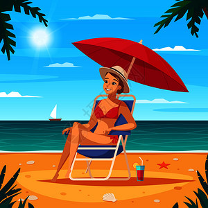 旅行社卡通海报与女孩穿着泳衣坐太阳躺椅下红色伞海洋背景矢量插图旅行社卡通海报图片