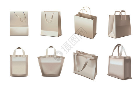 真实的套购物袋,由浅米色纸隔离白色背景隔离矢量插图购物袋写实套图片