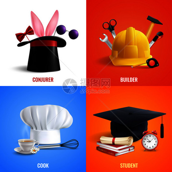 同职业的现实帽子的厨师,建设者,魔术师,学生与工作工具矢量插图同专业的帽子理念图片