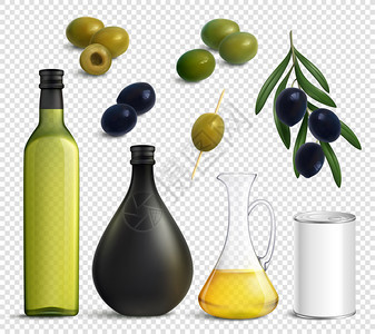 套真实的橄榄油罐子,包装的产品隔离透明的背景矢量插图逼真的橄榄油透明套装图片