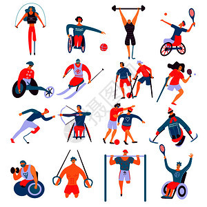 残疾人运动,包括体操,射箭,滑雪,骑自行车,套平图标矢量插图残疾人运动公寓图片