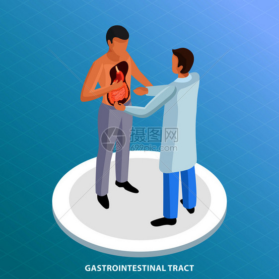 益生菌等距背景与医生病人特征的观点与人体器官矢量插图消化道测试背景图片