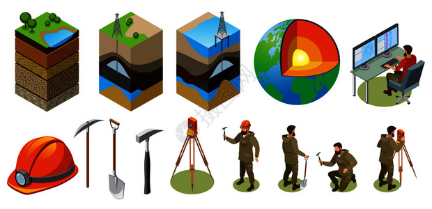 地球探测等距图标,地球结构,土层,科学实验室,地质工具,孤立矢量插图地球探测等距图标图片
