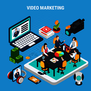 照片视频等距成与图像的营销队会议顶部的平板屏幕矢量插图视频营销等距构成图片