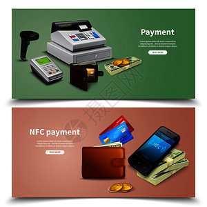 套水平横幅现实的金融设备与金钱NFC支付彩色背景孤立矢量插图支付现实的水平横幅图片