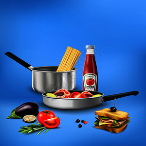 现实的厨房工具与食品,意大利,蔬菜,鱼成的蓝色背景三维矢量插图现实的厨房工具食物成图片