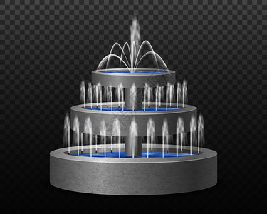三层花园户外现代风格装饰喷泉现实形象黑暗透明背景矢量插图逼真的喷泉透明图片