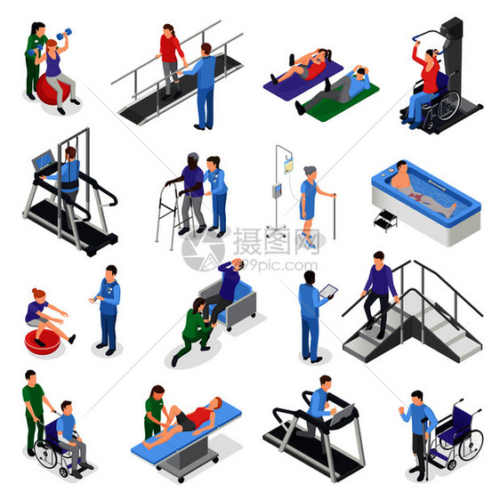 理疗康复诊所等距图标护理人员治疗设备模拟器病人恢复孤立矢量插图理疗康复等距装置图片