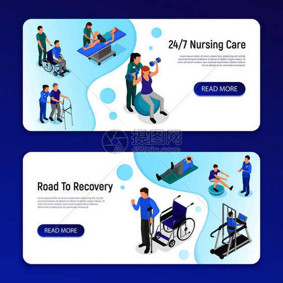 理疗康复诊所2等距水平网页横幅与护理道路恢复信息矢量插图理疗等距横幅图片