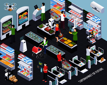 超市未来等距成与智能货架技术购物篮扫描购买的项目矢量插图超市未来技术等距图片