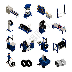 轮胎生产等距图标与工业设备制造维护汽车车轮孤立矢量插图轮胎生产等距图标图片