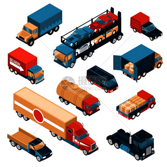等距运载卡车图像与汽车卡车汽车车辆为同的货运矢量插图送货卡车等距装置图片