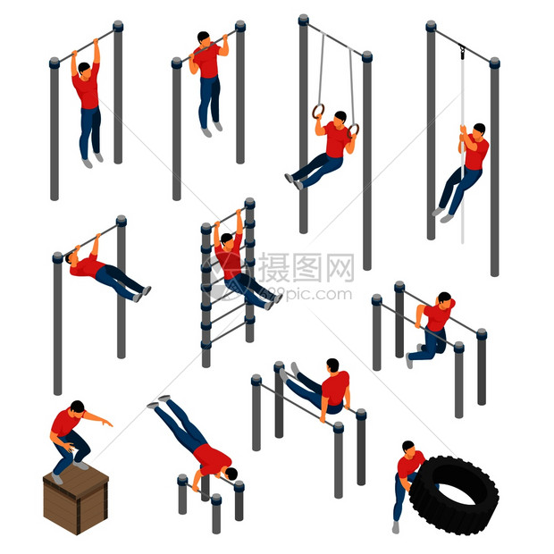 等距健身房设备锻炼集与体操器械男人物的图像运动矢量插图健身馆图标集合图片