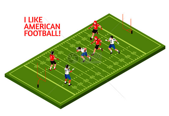 美国足球比赛期间的球员队绿色运动场等距矢量插图美国足球等距插图图片