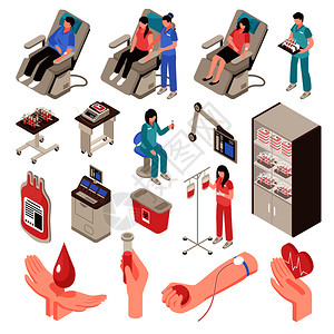 献血者椅子上专业工作人员医疗设备套等距图标孤立矢量插图献血者等距集图片