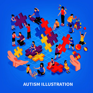 自闭症儿童游戏交流期间与父母学友谊的蓝色背景等距矢量插图自闭症等距插图图片
