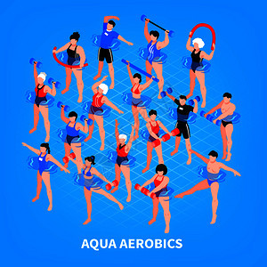 水上健美操等距成的蓝色背景男子妇女与运动设备训练矢量插图水上健美操等距成图片